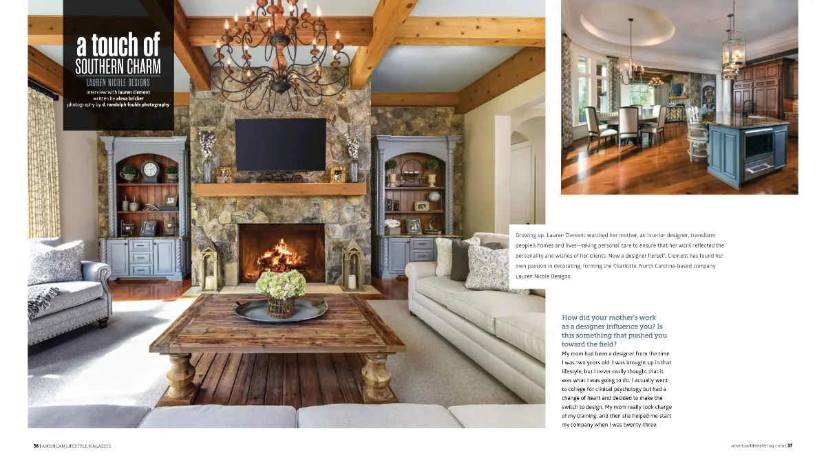 A two-page spread from a magazine showing a high-end living room with a large stone fireplace, wood beams, and built-in cabinets, paired with a sophisticated kitchen and dining nook.