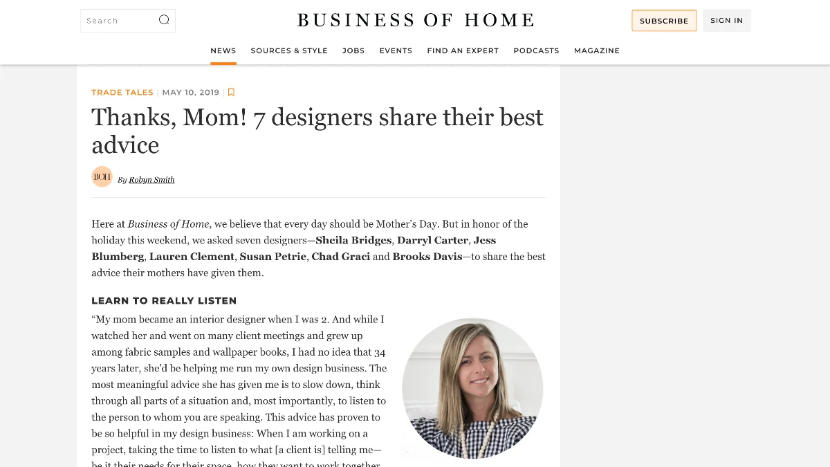 A screenshot of a Business of Home article titled "Thanks, Mom! 7 designers share their best advice," featuring a circular photo of Lauren Clement, a smiling woman.