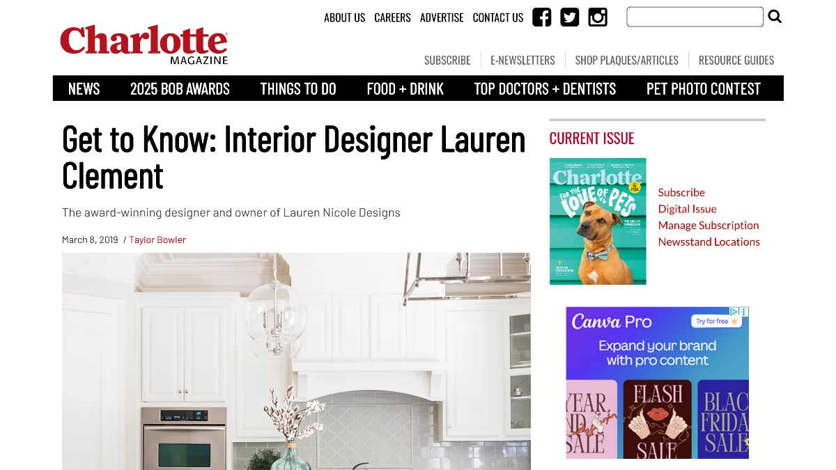 The Charlotte Magazine webpage featuring the article "Get to Know: Interior Designer Lauren Clement," owner of Lauren Nicole Designs.