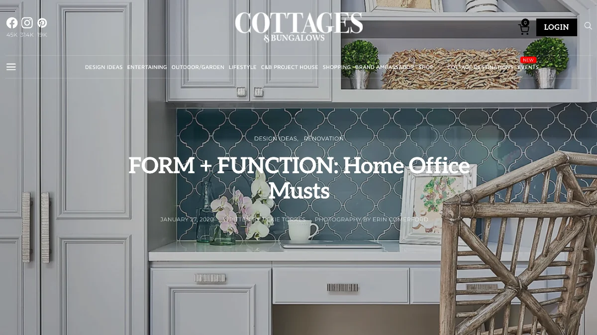 A screenshot of a website article showing an elegant home office setup with light gray built-in cabinets, a white desk, and a dark teal geometric tile backsplash, styled with orchids and a rattan chair.