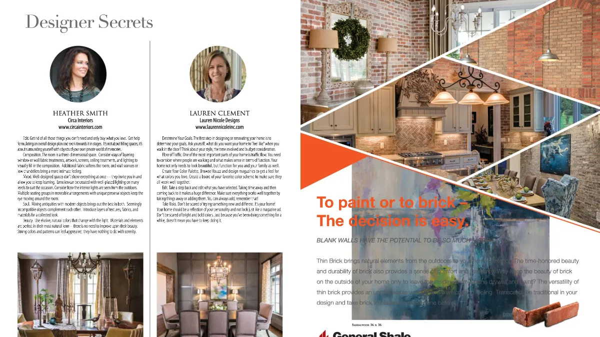A magazine spread featuring two interior designers and a collage of upscale home interiors, emphasizing exposed brick walls, modern kitchens, and dining areas.