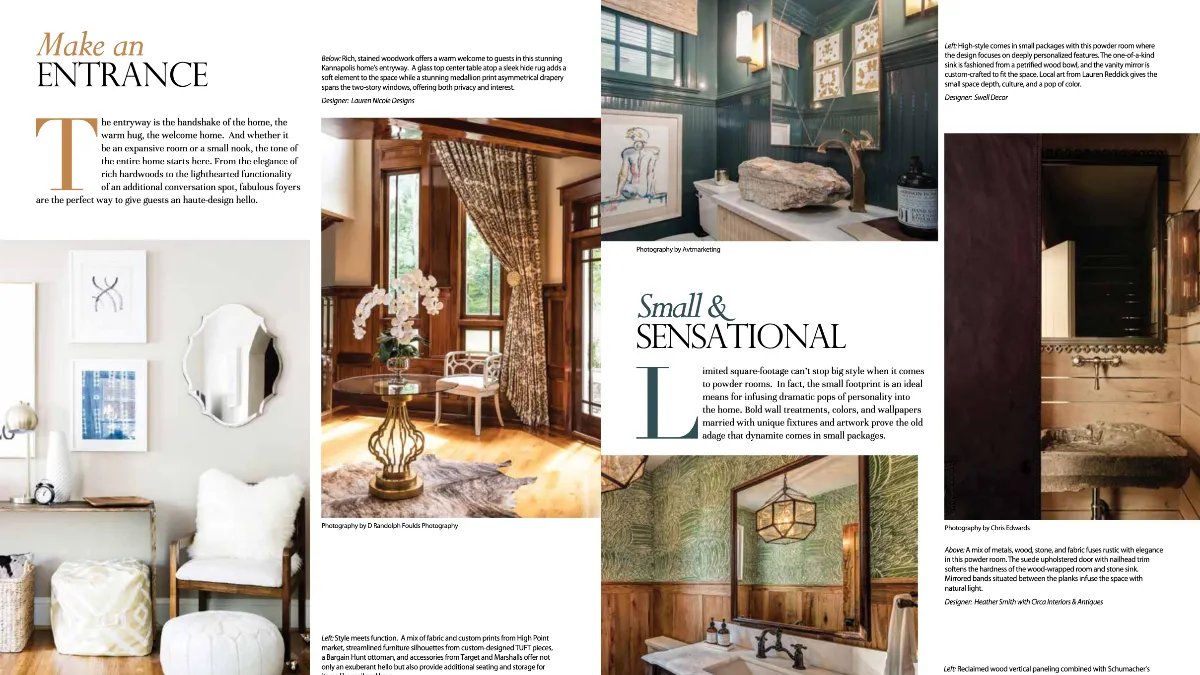 A magazine layout titled "Make an ENTRANCE" displaying four contrasting interior designs, including modern and traditional entryways and stylish powder rooms.