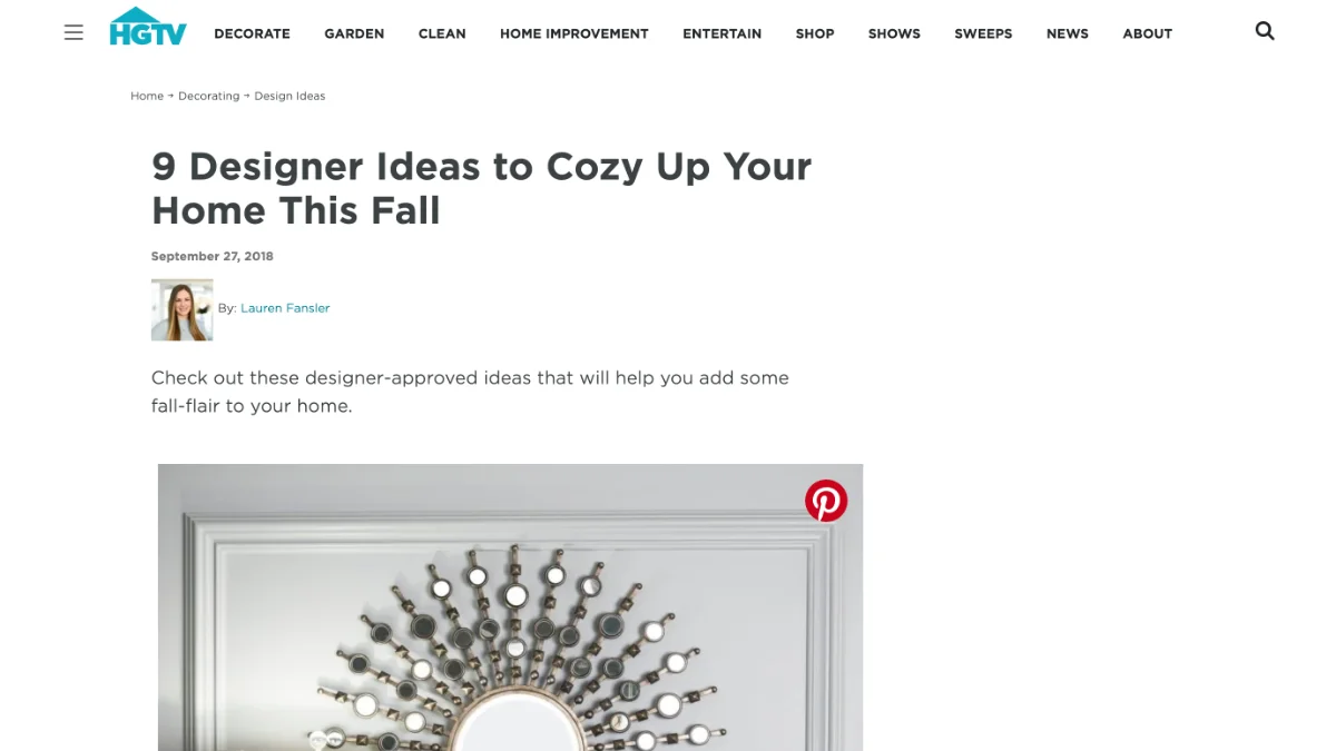 The header of an HGTV article titled "9 Designer Ideas to Cozy Up Your Home This Fall," next to a profile photo of the author, Lauren Fansler, who is smiling.