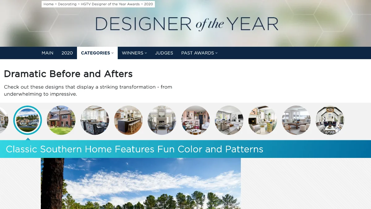 A screenshot from the HGTV Designer of the Year website showing the "Dramatic Before and Afters" category, with a row of circular thumbnails displaying home design transformations.