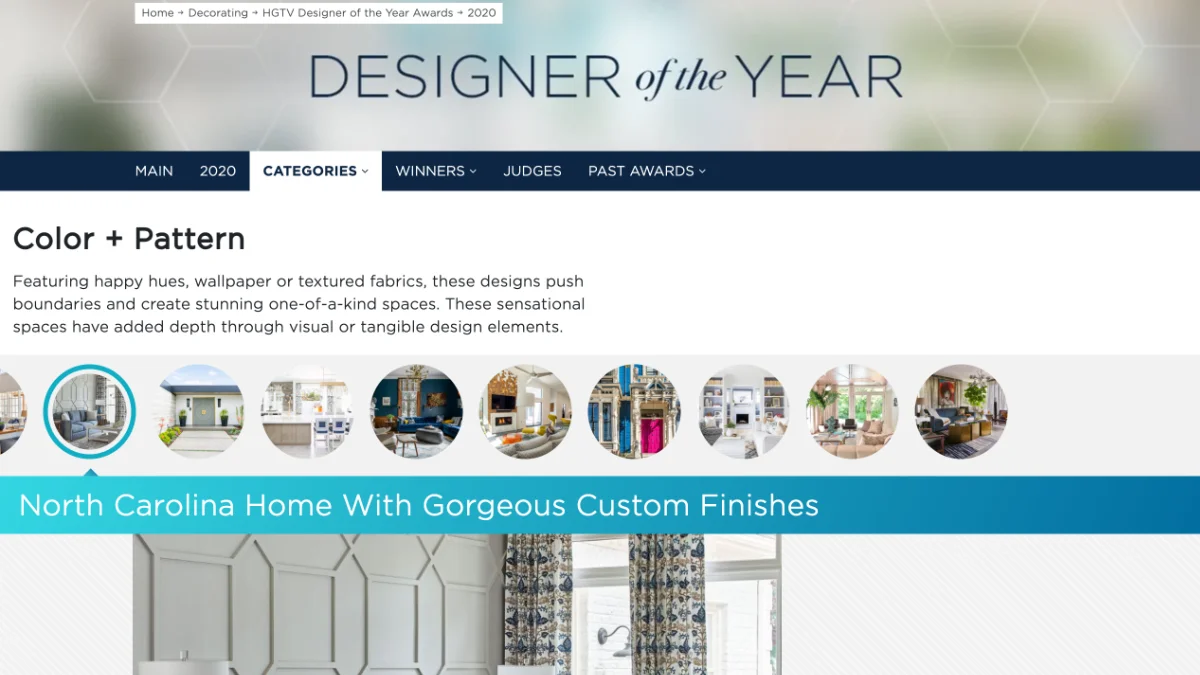 A screenshot of the HGTV Designer of the Year 2020 webpage, highlighting the 'Color + Pattern' category and a 'North Carolina Home' design.
