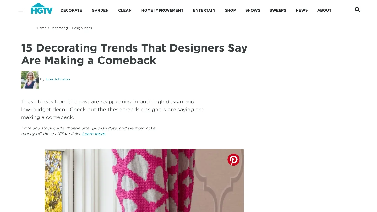 A screenshot of an HGTV article titled '15 Decorating Trends That Designers Say Are Making a Comeback,' showing a bright pink and white patterned curtain.