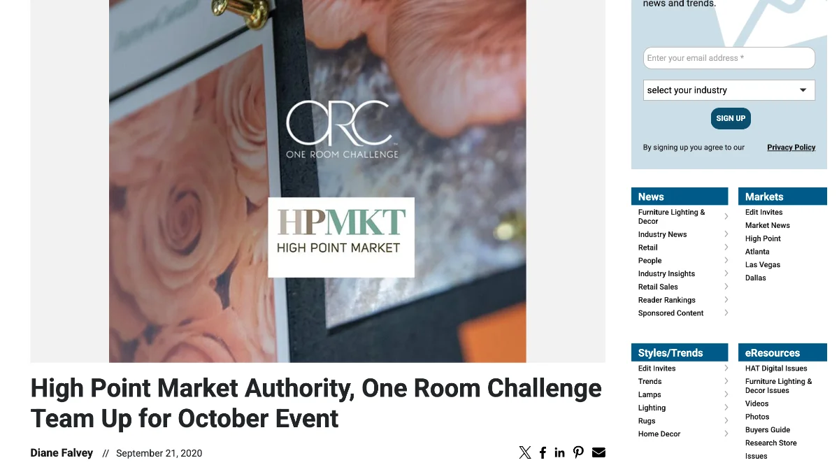 A screenshot of a website article showing a promotional image featuring the logos for ORC One Room Challenge and HPMKT High Point Market against a backdrop of soft peach roses.