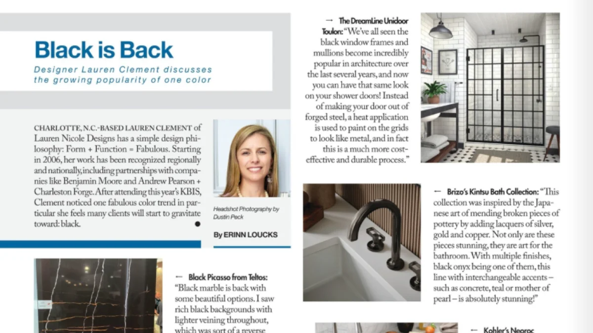 A magazine spread titled 'Black is Back' featuring designer Lauren Clement's headshot and images illustrating black interior trends: a grid shower door, a black faucet, and black veined marble.