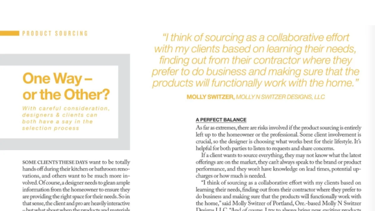 A clipping from a magazine article titled "One Way – or the Other?" detailing product sourcing collaboration between designers and clients.