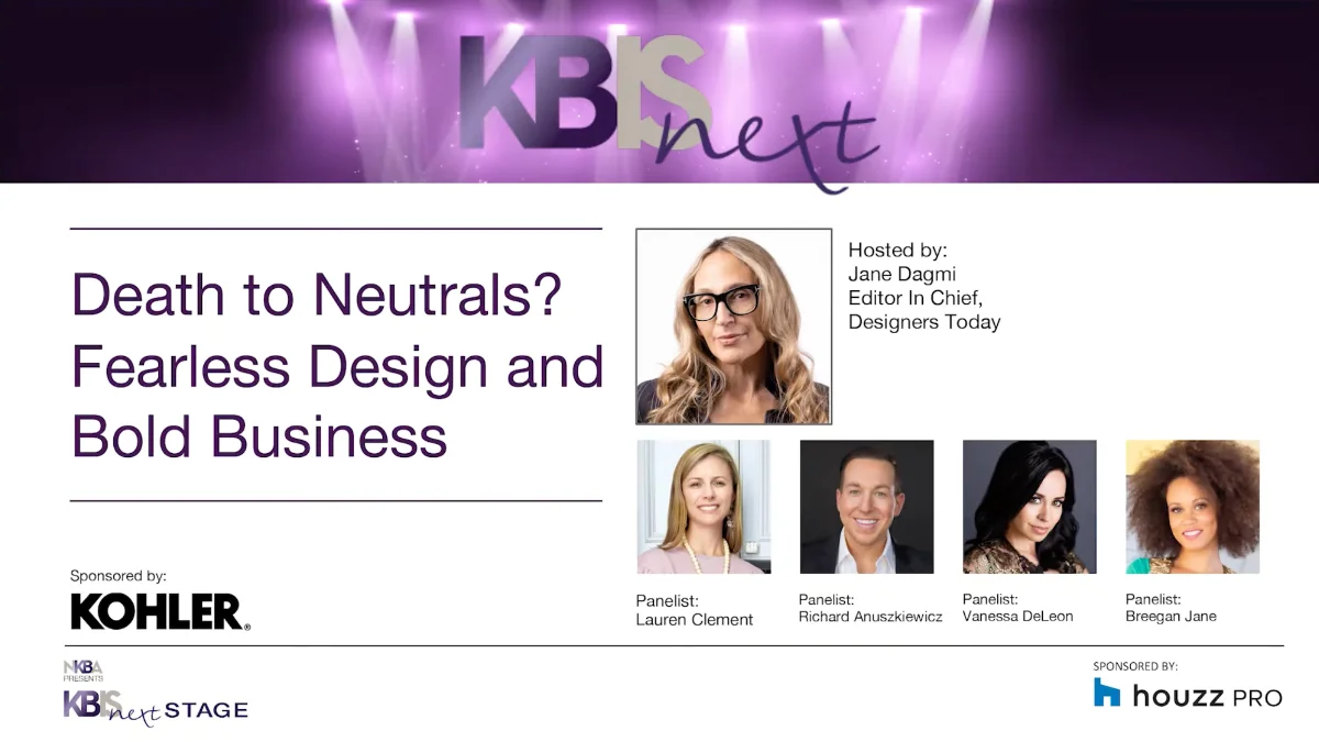 A promotional graphic for the panel discussion "Death to Neutrals? Fearless Design and Bold Business," featuring headshots of the host and four panelists.