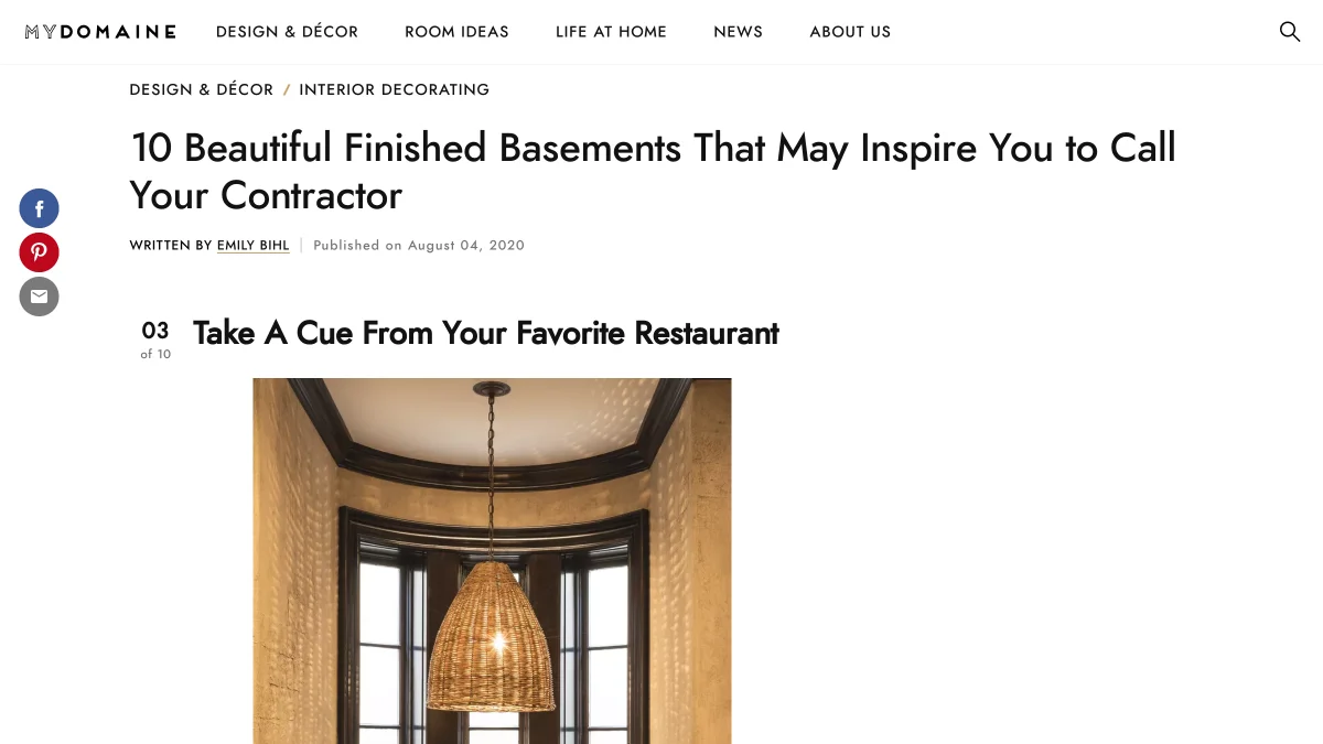 A screenshot of the MYDOMAINE article, "10 Beautiful Finished Basements That May Inspire You to Call Your Contractor," featuring Lauren Nicole Designs.