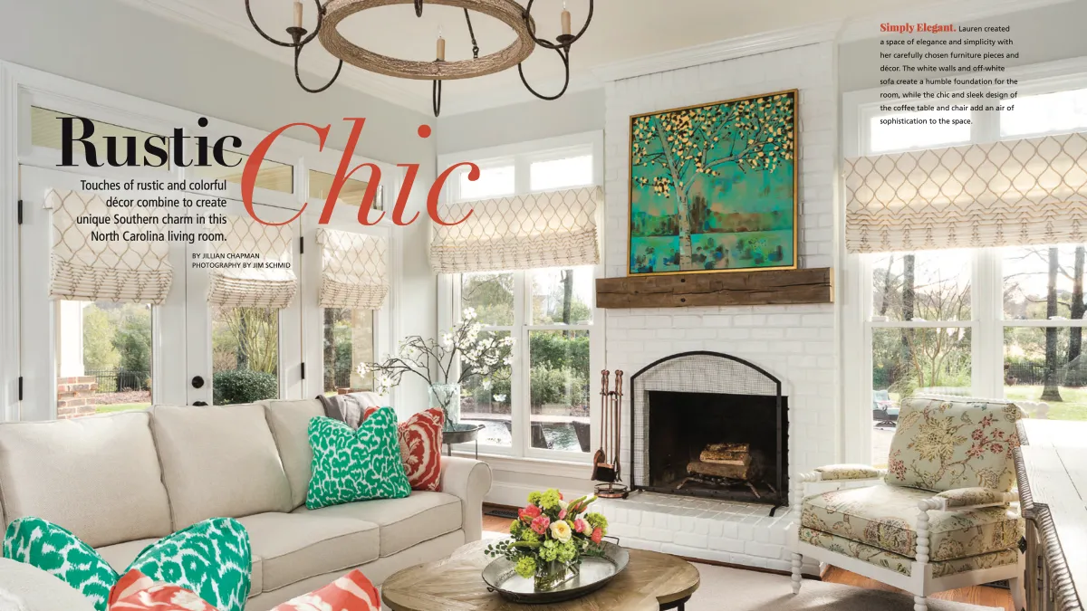 A two-page magazine spread featuring a bright, rustic-chic living room with a white brick fireplace, a sofa featuring bright green and red pillows, and a large turquoise abstract painting.