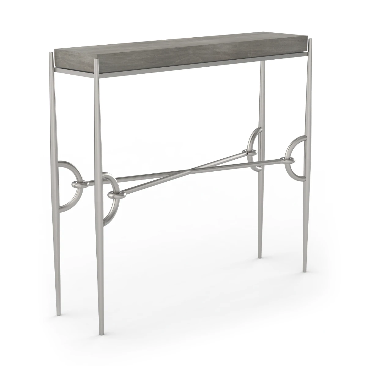 A modern console table featuring a weathered grey wood top supported by thin, tapered silver metal legs. The base includes intersecting crossbars and decorative rings.