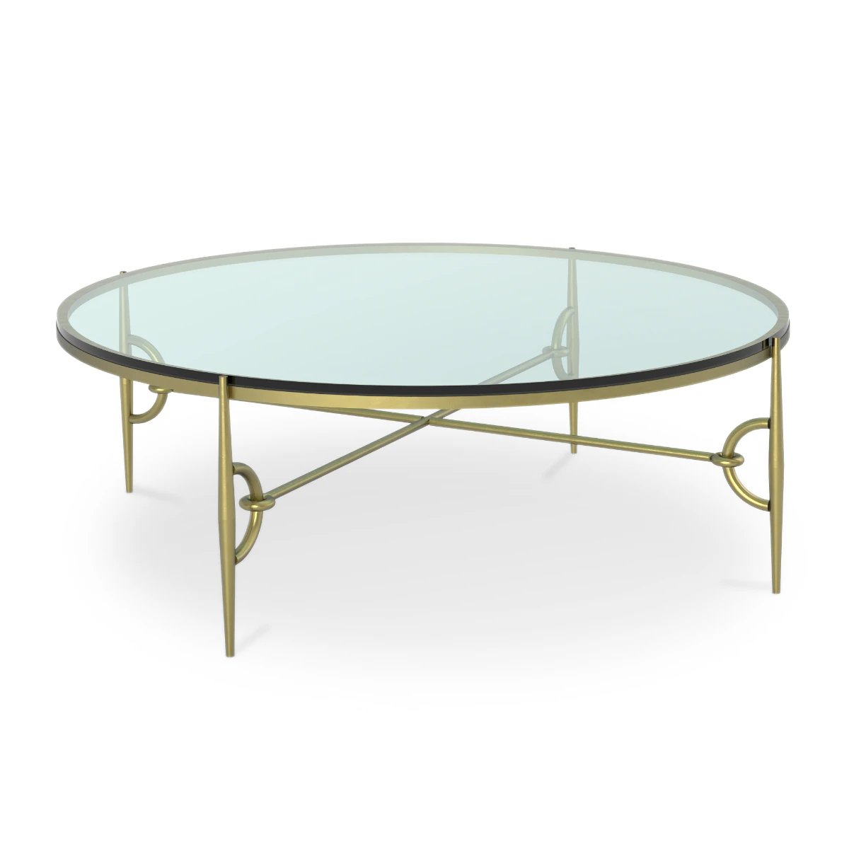 A round cocktail table with a clear glass top and an antique gold-toned metal base. The delicate frame has tapered legs and a decorative X-brace.