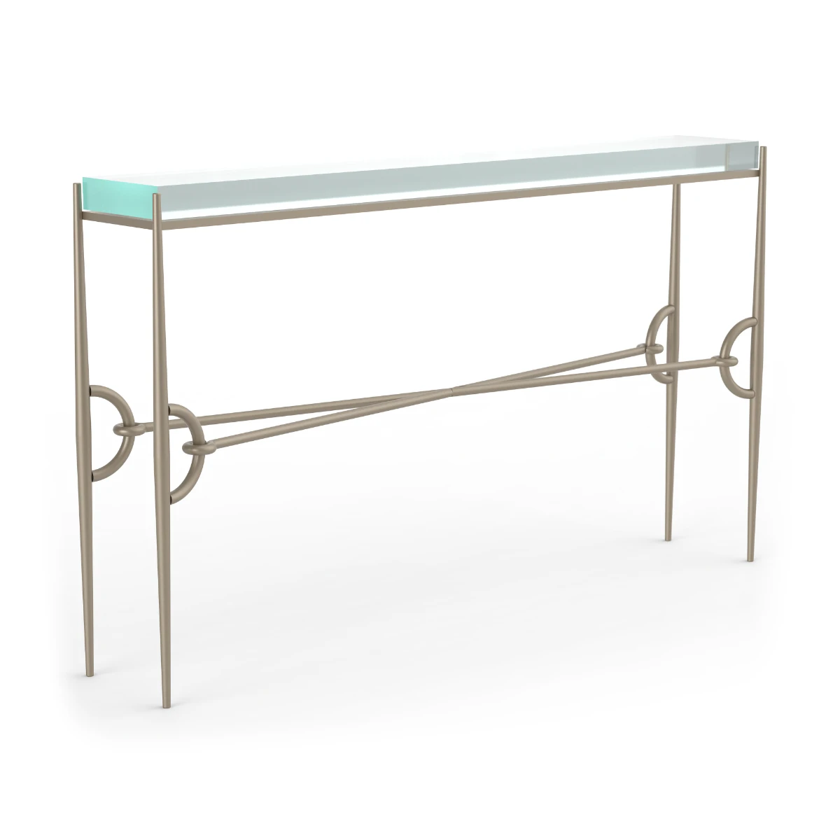A narrow 54-inch console table with a thick glass top and a thin, sculptural metal base. The light bronze base features pointed legs and a decorative crossed support bar.