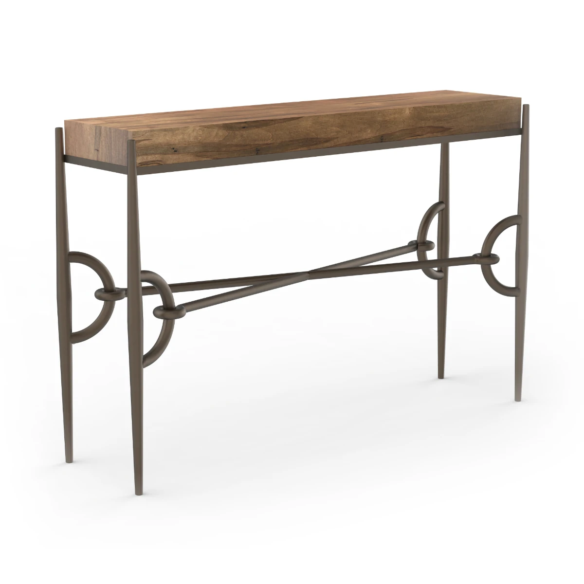 A rectangular console table with a thick, natural wood top. The stylized base is made of dark metal featuring tapered legs and intersecting horizontal supports connected by decorative rings.