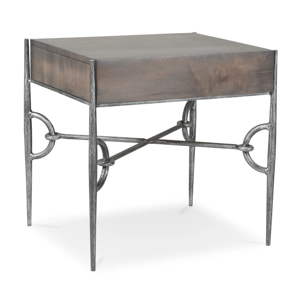 A square nightstand with a dark gray wood finish storage top supported by four tapered, textured silver metal legs with decorative looped accents.