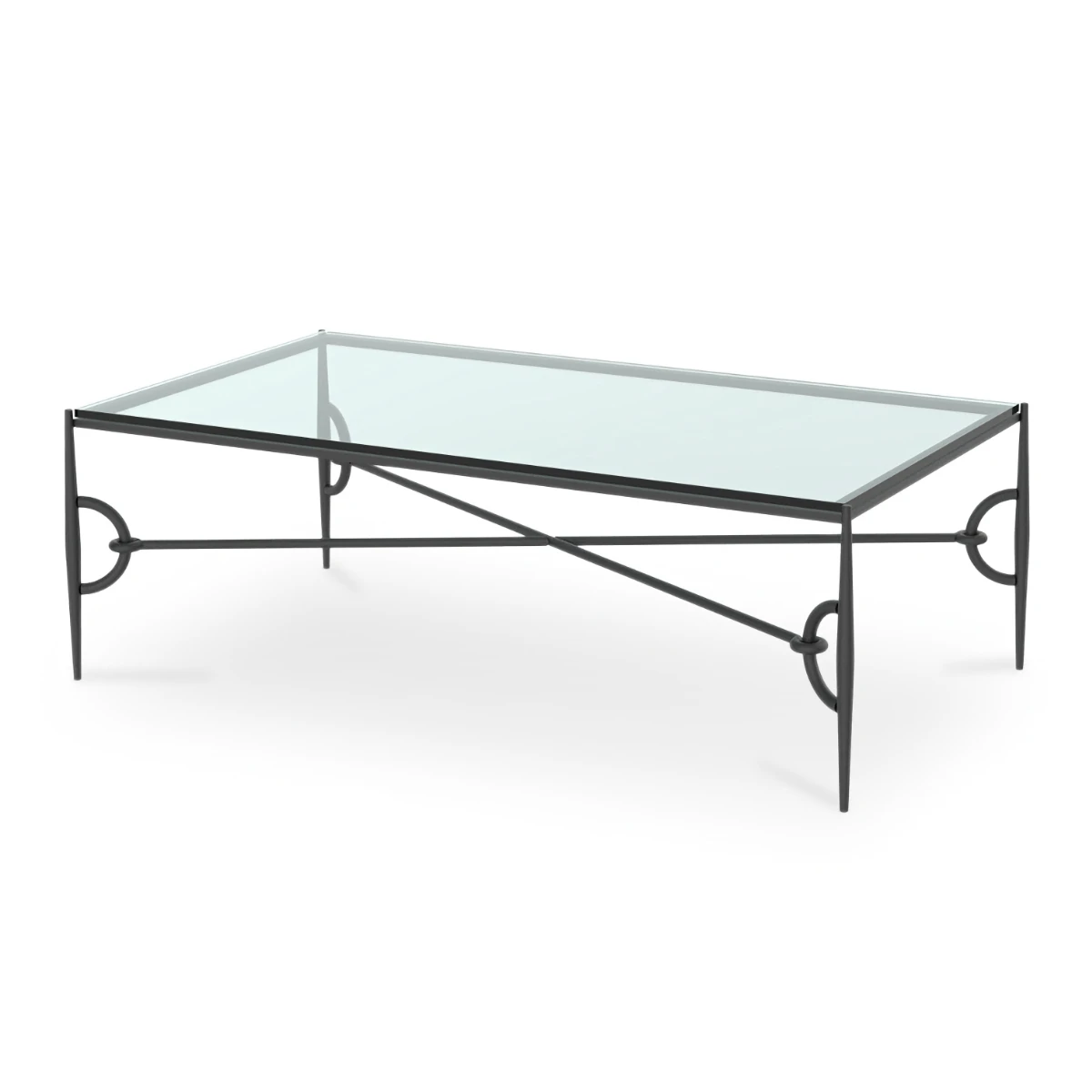 A rectangular cocktail table with a clear glass top and a thin, black wrought iron base. The stylish base features four tapered legs connected by decorative ring accents.