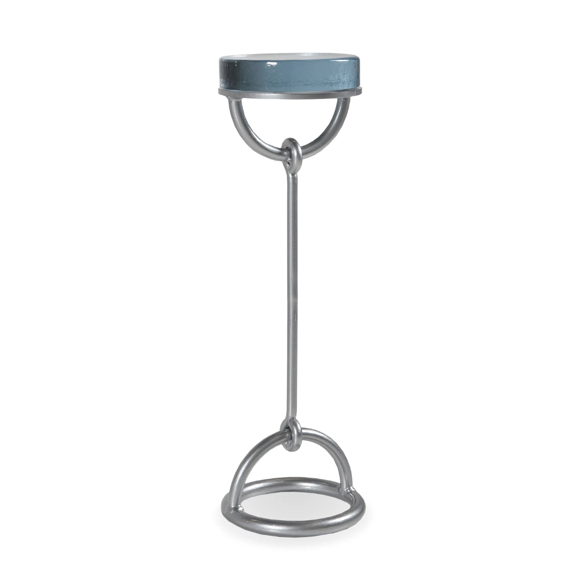 A modern, slender drink table featuring a silver metal frame with upper and lower looped supports. A dusty blue round top sits securely on the upper loop.