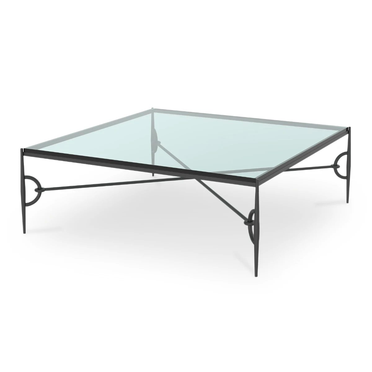 A low, square cocktail table with a glass top and a thin, dark metal base featuring delicate scrollwork details.