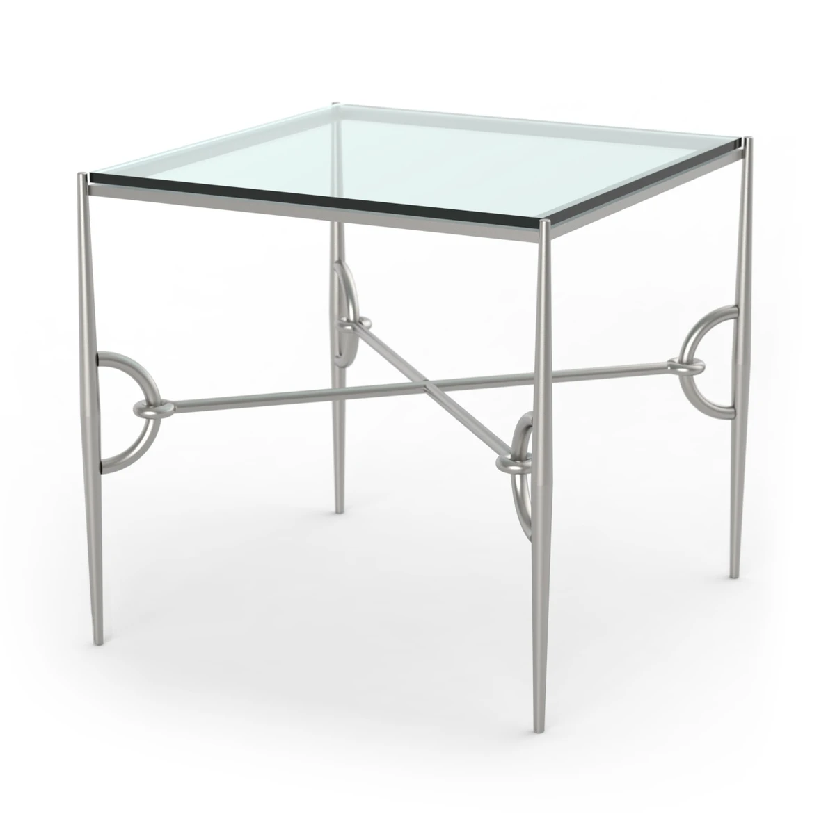 A square end table with a clear glass top and a brushed metal frame. Tapered legs are connected by crossbars secured with decorative paddock-style ring hardware.