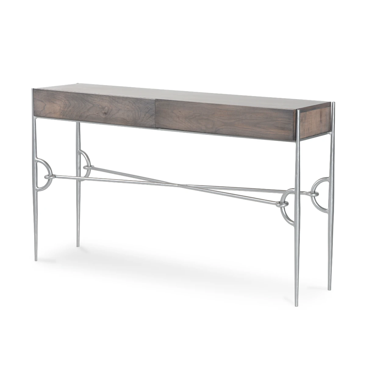 A narrow console table with a dark gray wood top over a sculptural silver metal base. The unique legs feature interlocking loops and crossed supports.